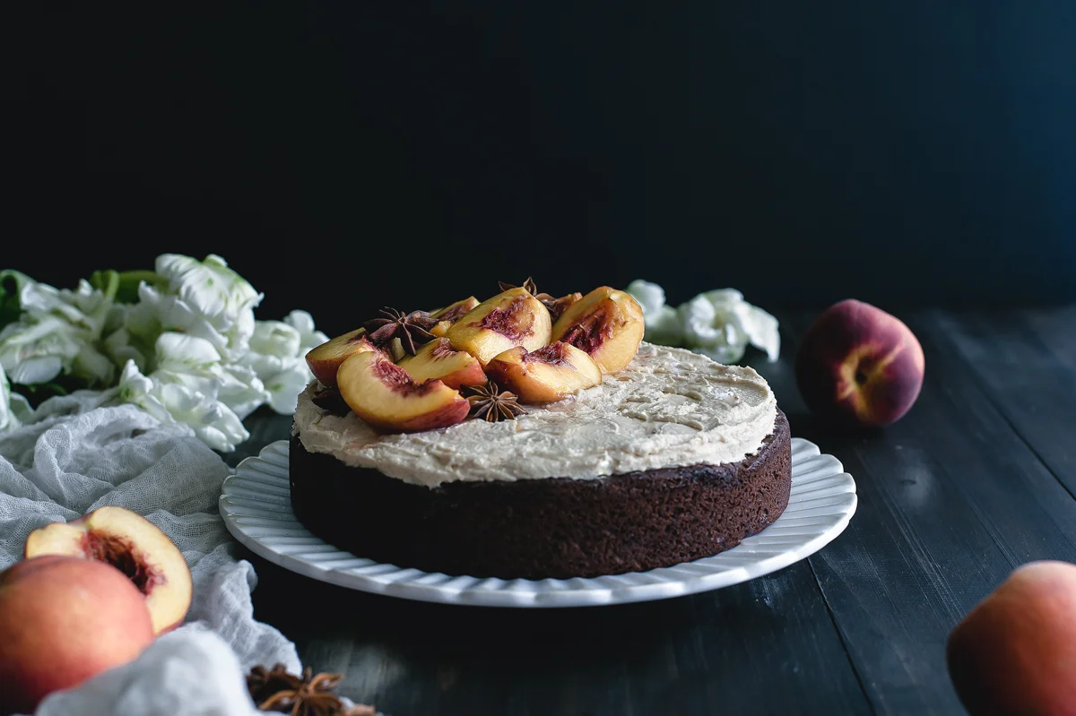 Chocolate Cake with Peanut Butter Buttercream and Balsamic Poached Peaches