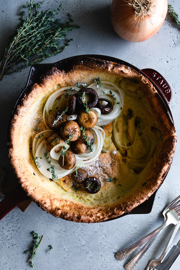 Savory Dutch Baby with onions, mushrooms and thyme
