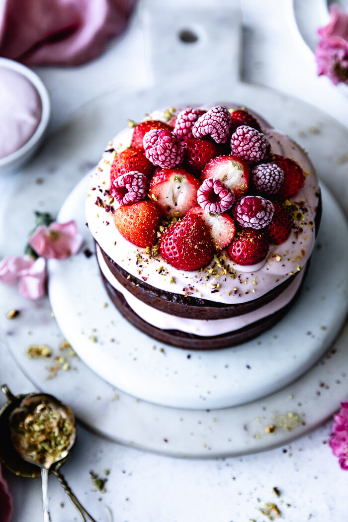Chocolate Sponge Cake with Hibiscus Cream Cheese Frosting