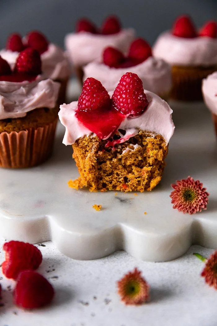 Super Moist Carrot Cupcakes with Creamy Raspberry Cream Cheese Frosting