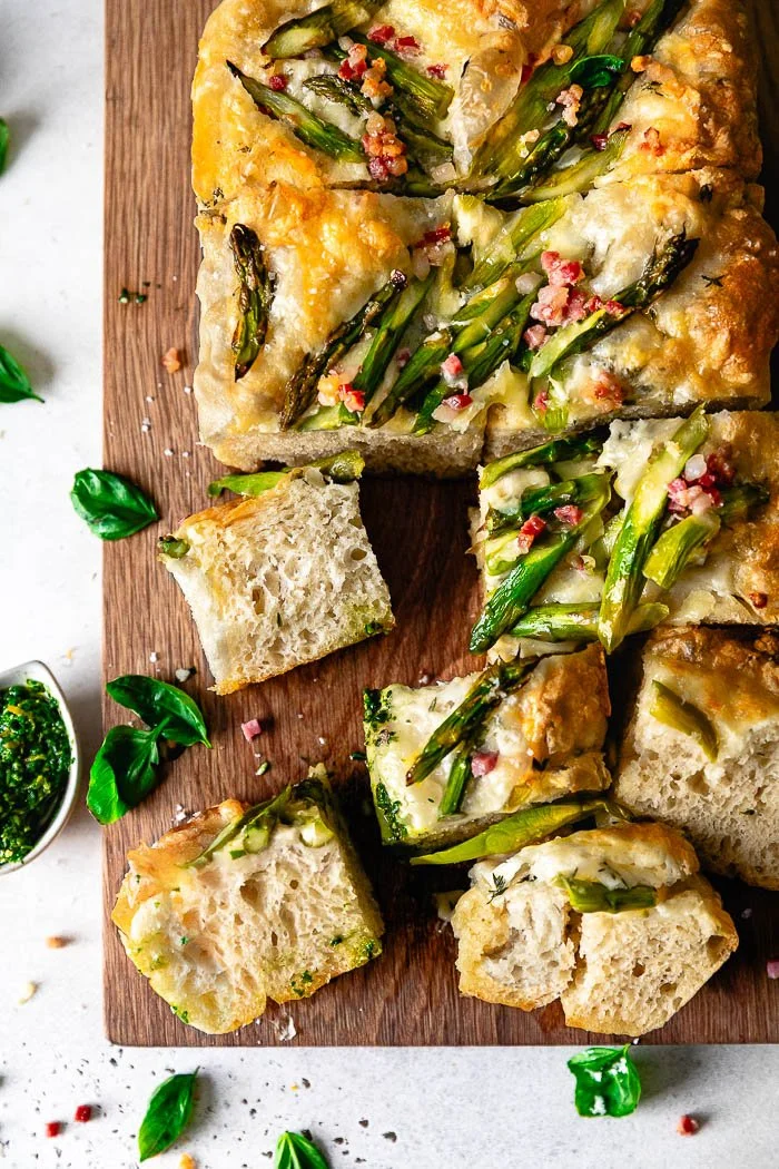 Asparagus, Fontina, and Pancetta Spring Focaccia with Arugula Spring Pesto