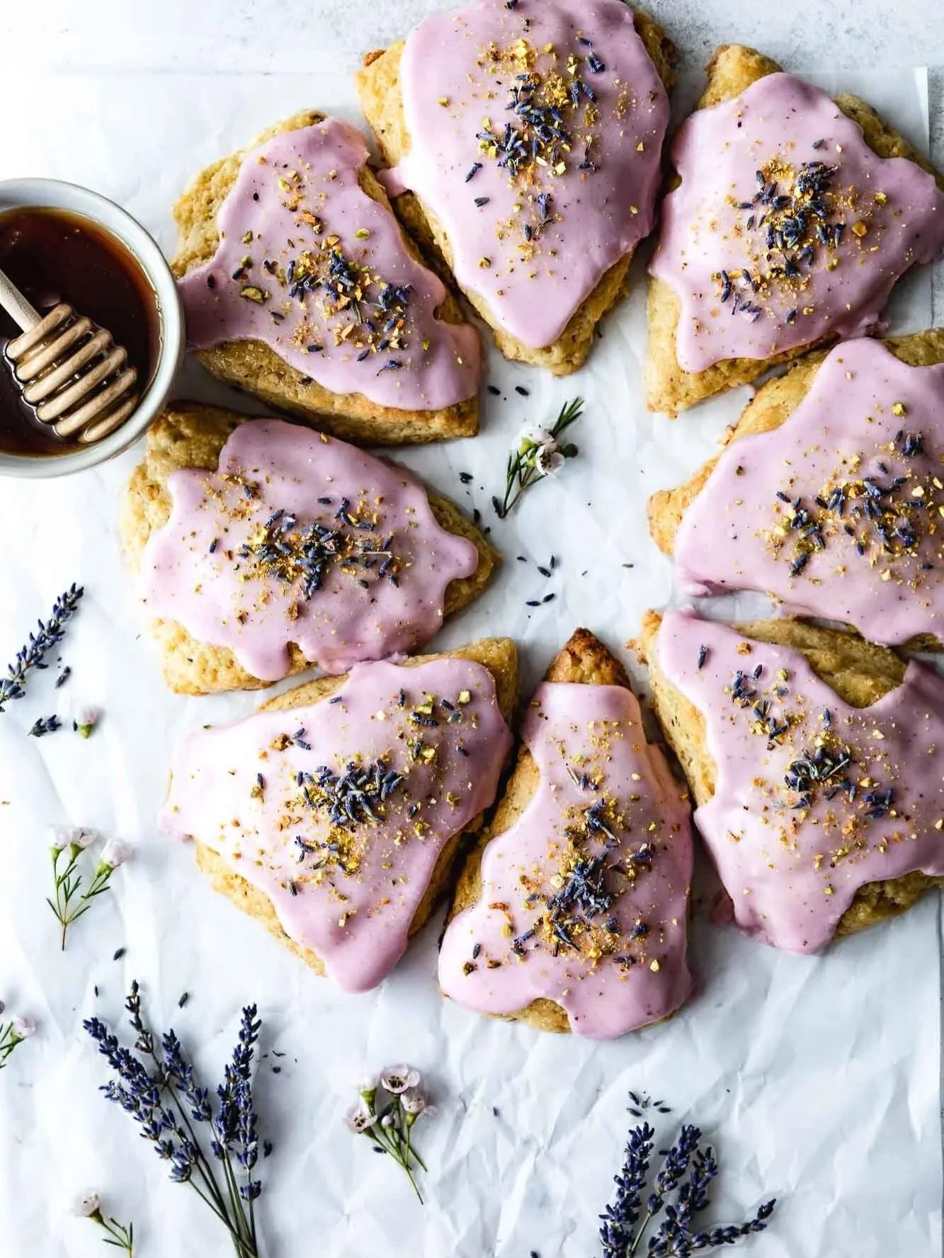 These Honey Lavender Scones have to be one of my favorite recipes ever! 🍯🪻They always end super flaky, buttery, and soooo soft. Baking them without eggs gives them a tighter crumb and an even more satisfying bite. Brush them with honey butter while