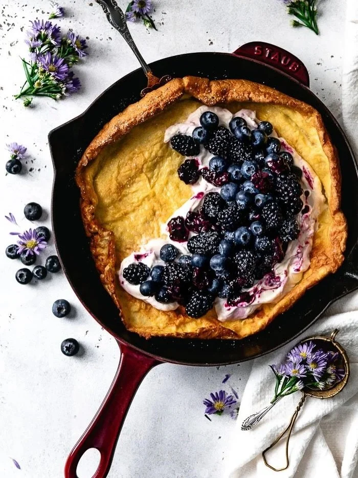 Lately I&rsquo;ve been loving savory breakfasts, so finding Dutch babies felt like discovering the perfect new breakfast option! Crispy edges, fluffy center, and not too sweet, which makes them so versatile. This one with cream cheese and jammy berri