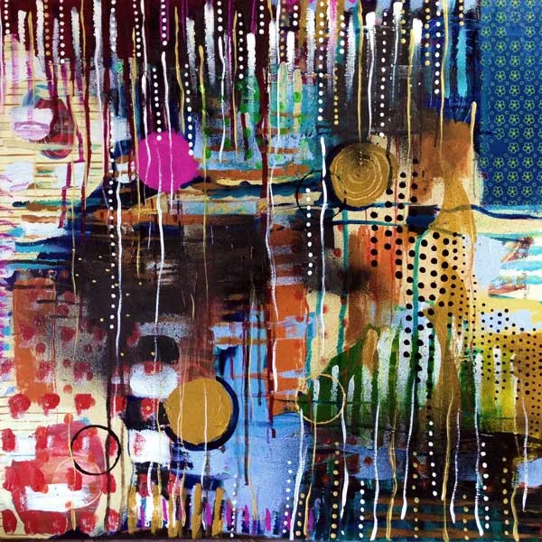 "Through", 24X24, mixed-media: acrylic, ink, paper on canvas.
