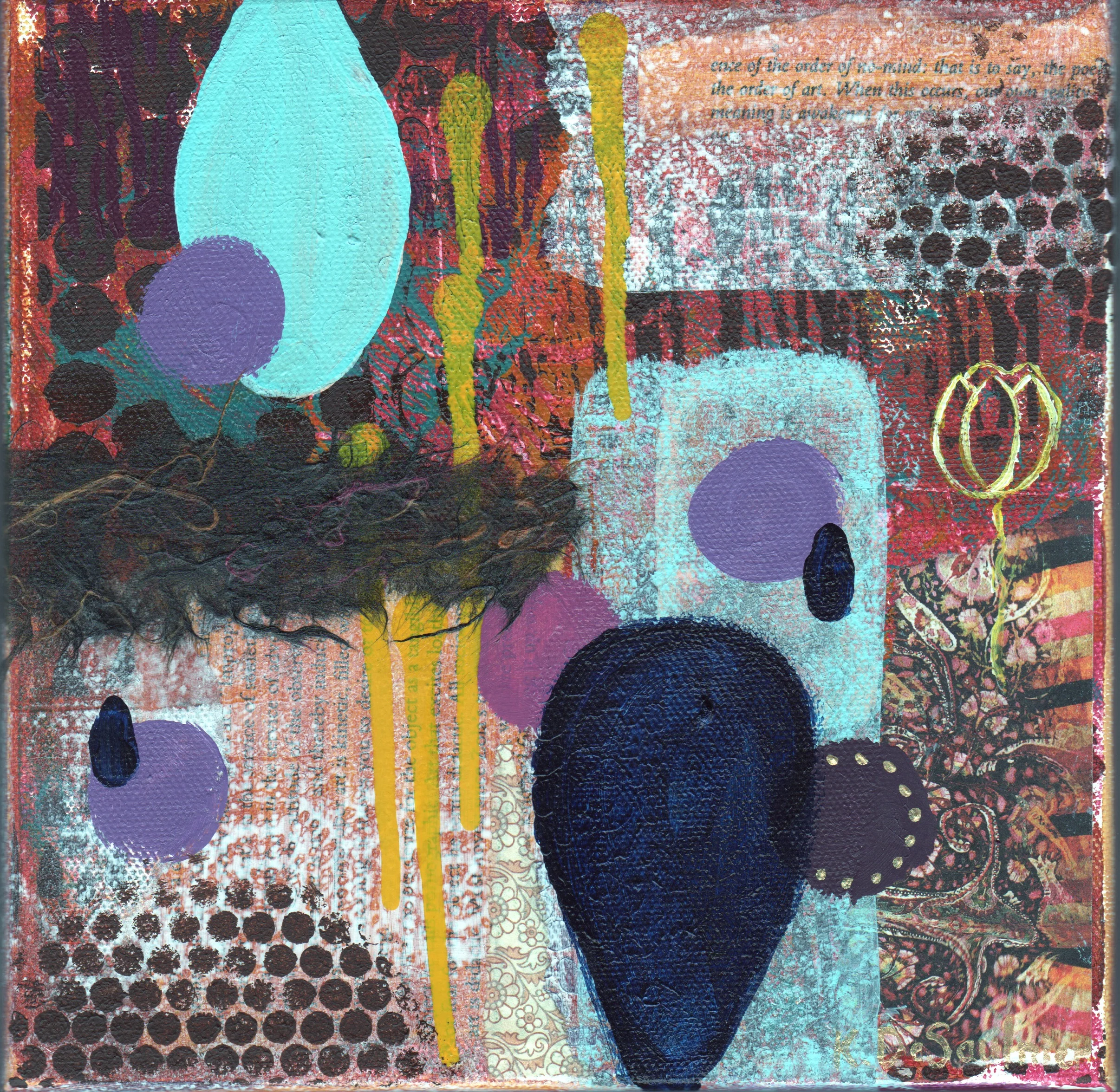 Frayed, 8X8, mixed media: acrylic, paper, on canvas