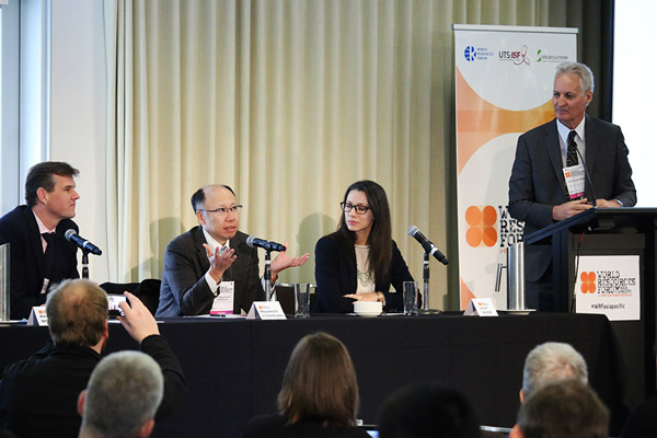 A World Resources Forum keynote panel (L-R): (l to r): Dr Alex Wonhas (CSIRO), Prof Masamichi Yoshimura (Toyota Technological Institute), Janet Salem (UNEP), Prof Stuart White (ISF).