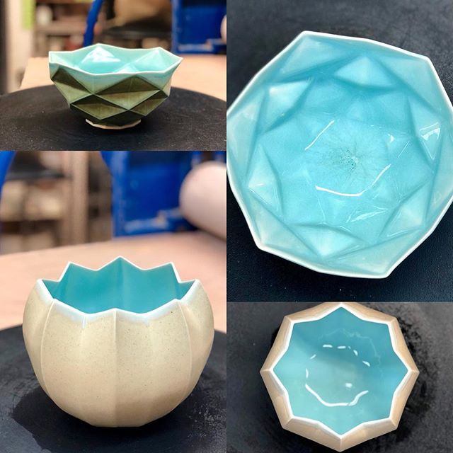 Got some pieces out of the glaze this week.  The shapes were first 3D modeled in Rhino and Grasshopper on the computer.  I then 3D printed the shapes and created negative molds in plaster. Finally I slip casted them in porcelain, glazed and fired the