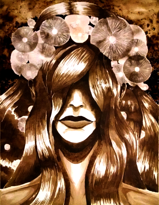 16"x20" Black Walnut ink and mushroom spores on Arches Watercolor Paper