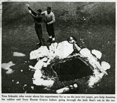 Newspaper clipping from The Courier-Journal Magazine, January 24, 1960 shows filmmaker, Thomas Schmitt suiting up. (image courtesy of The Filson Historical Society)