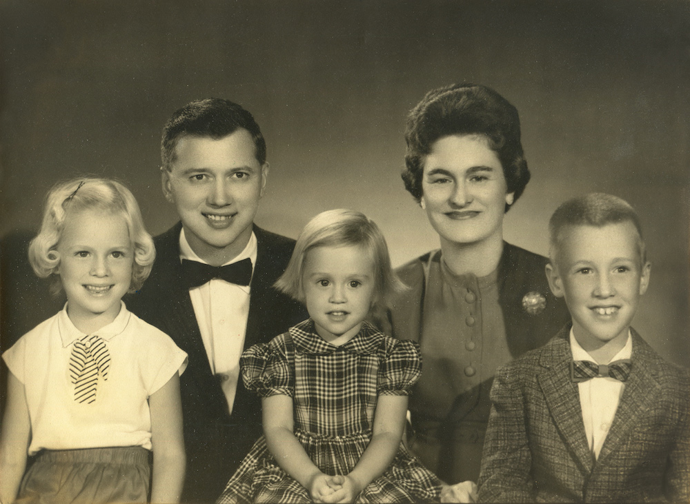 The Bye family sits for a studio portrait, c. 1960. Left to right: Bethany, Don, Lynda, Glenna, and David.