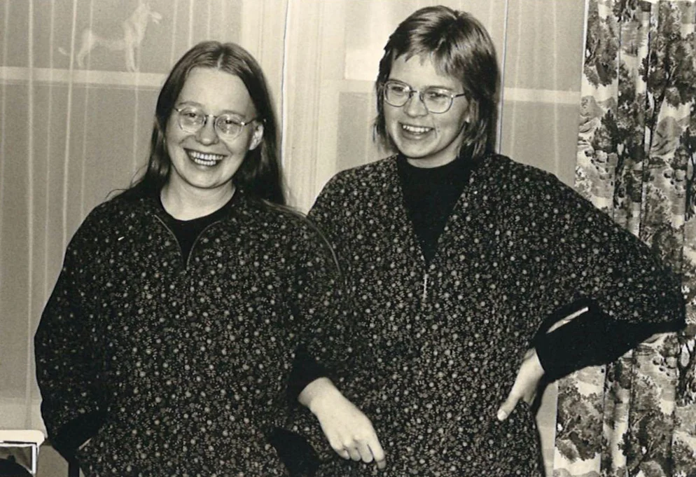Judith Hammer and lifelong friend, Ardeth Stevens clad in coincidental corduroy jackets, circa late 1960s/early 1970s (image copyright Judith Hammer)