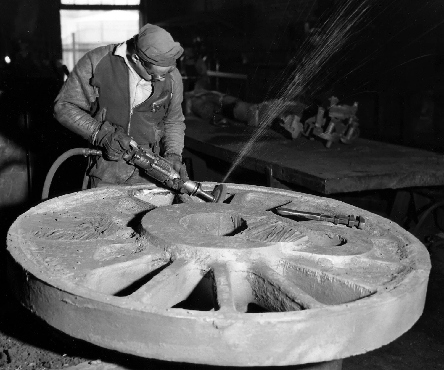 Image from photographic negative: Norfolk & Western employee plies his craft in the pattern shop, c. 1954-63. Courtesy Norfolk & Western Historical Society. Image subject to copyright laws.