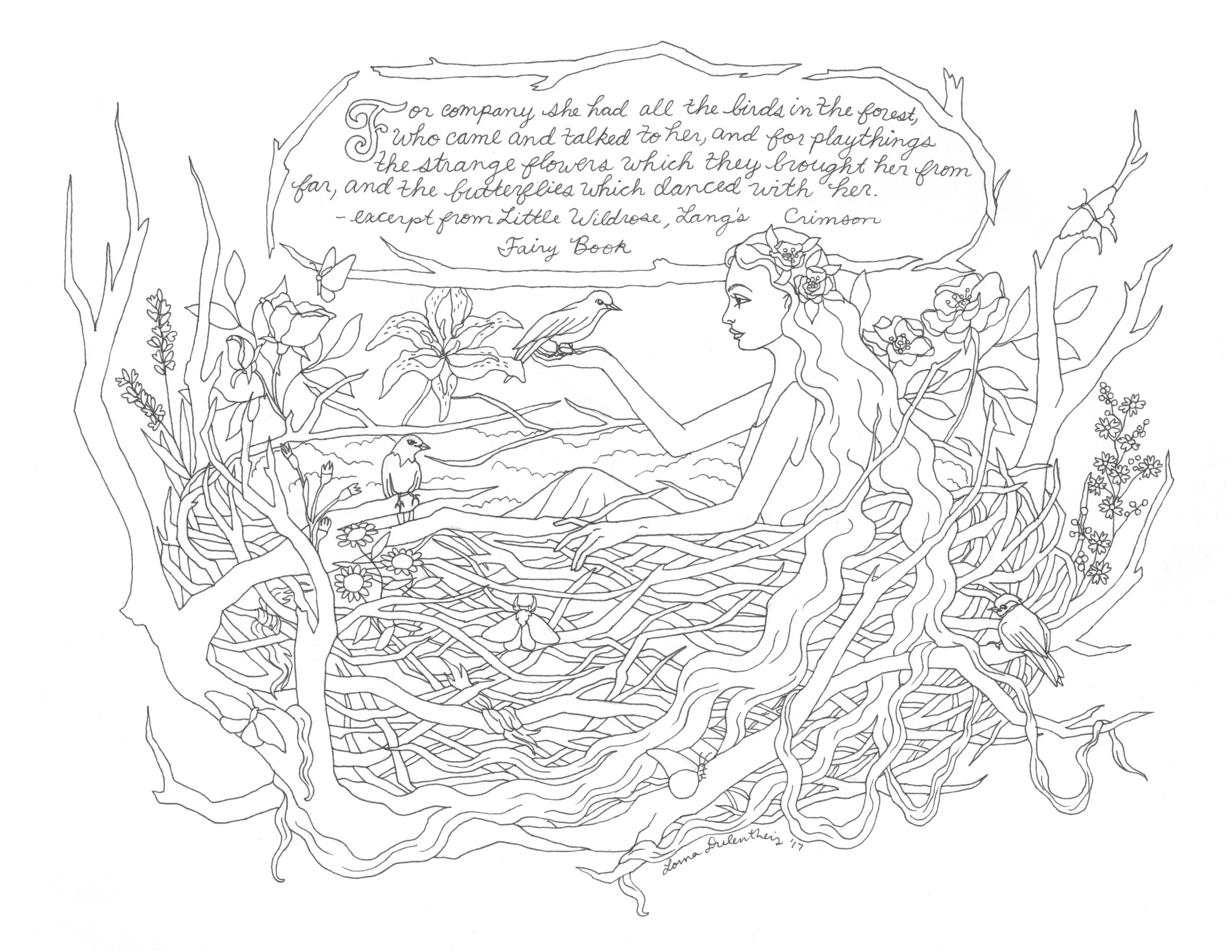 Little Wildrose, coloring page series, ink on paper, 2017