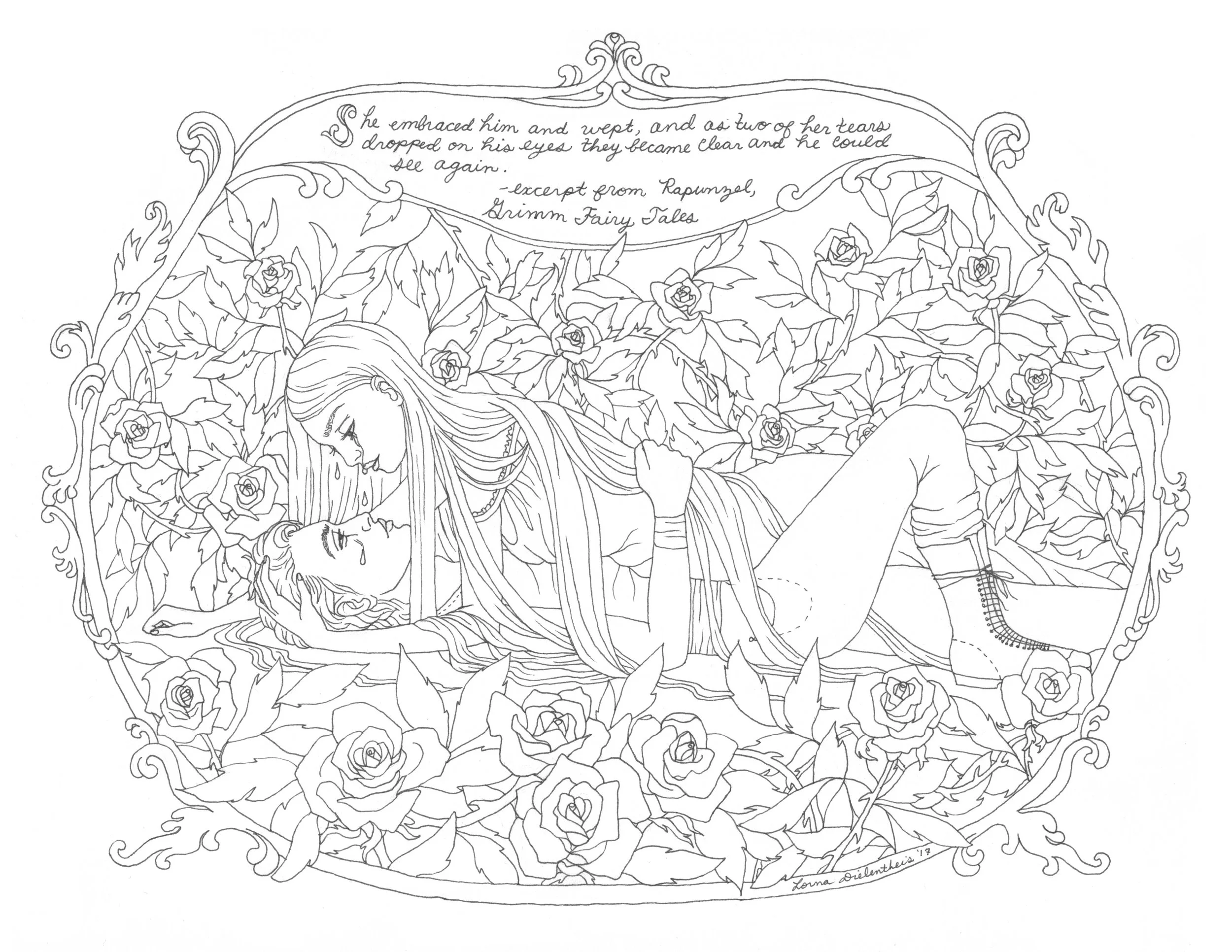Rapunzel, coloring page series, ink on paper, 2017