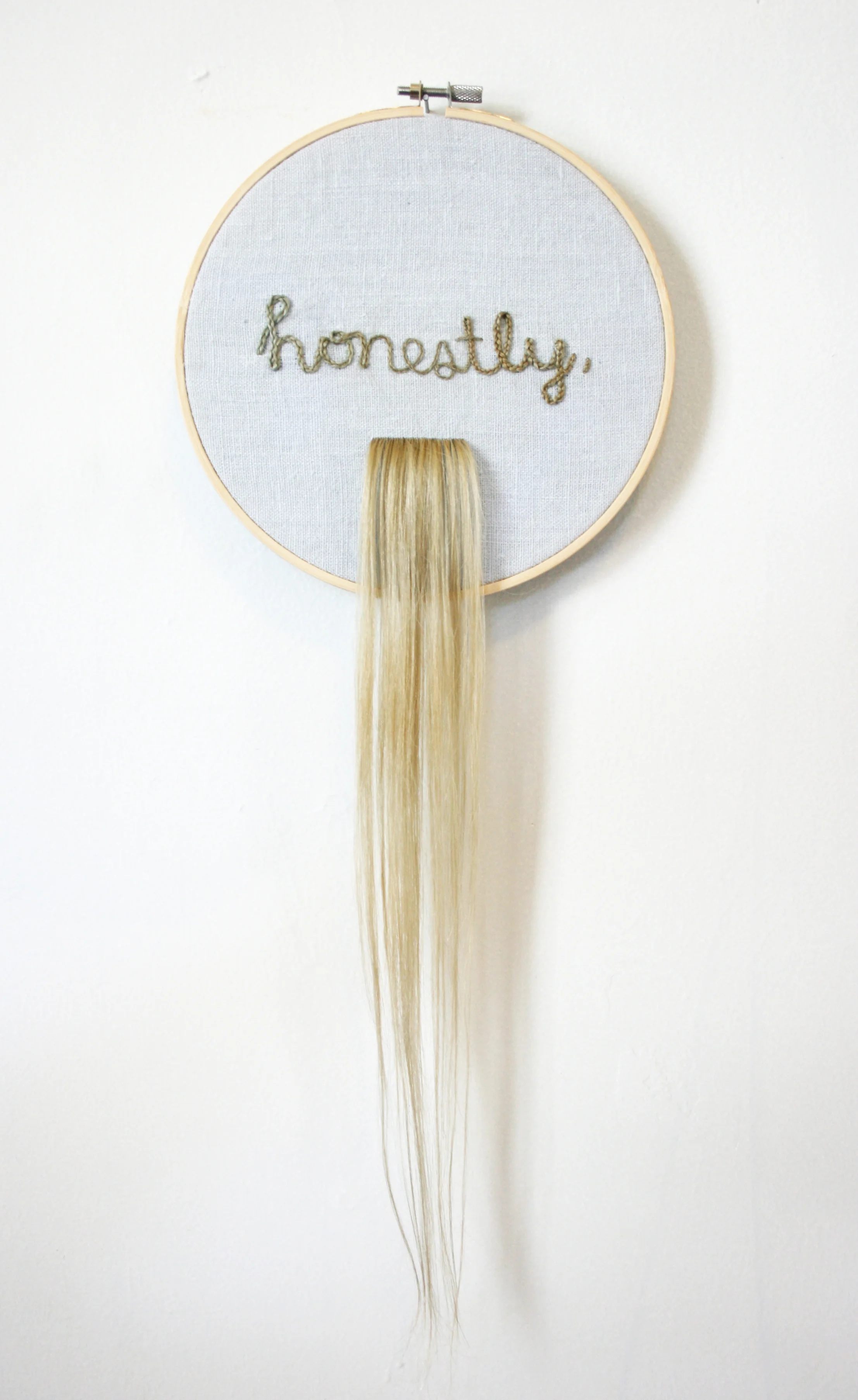 honestly, human hair embroidered on linen, 2016