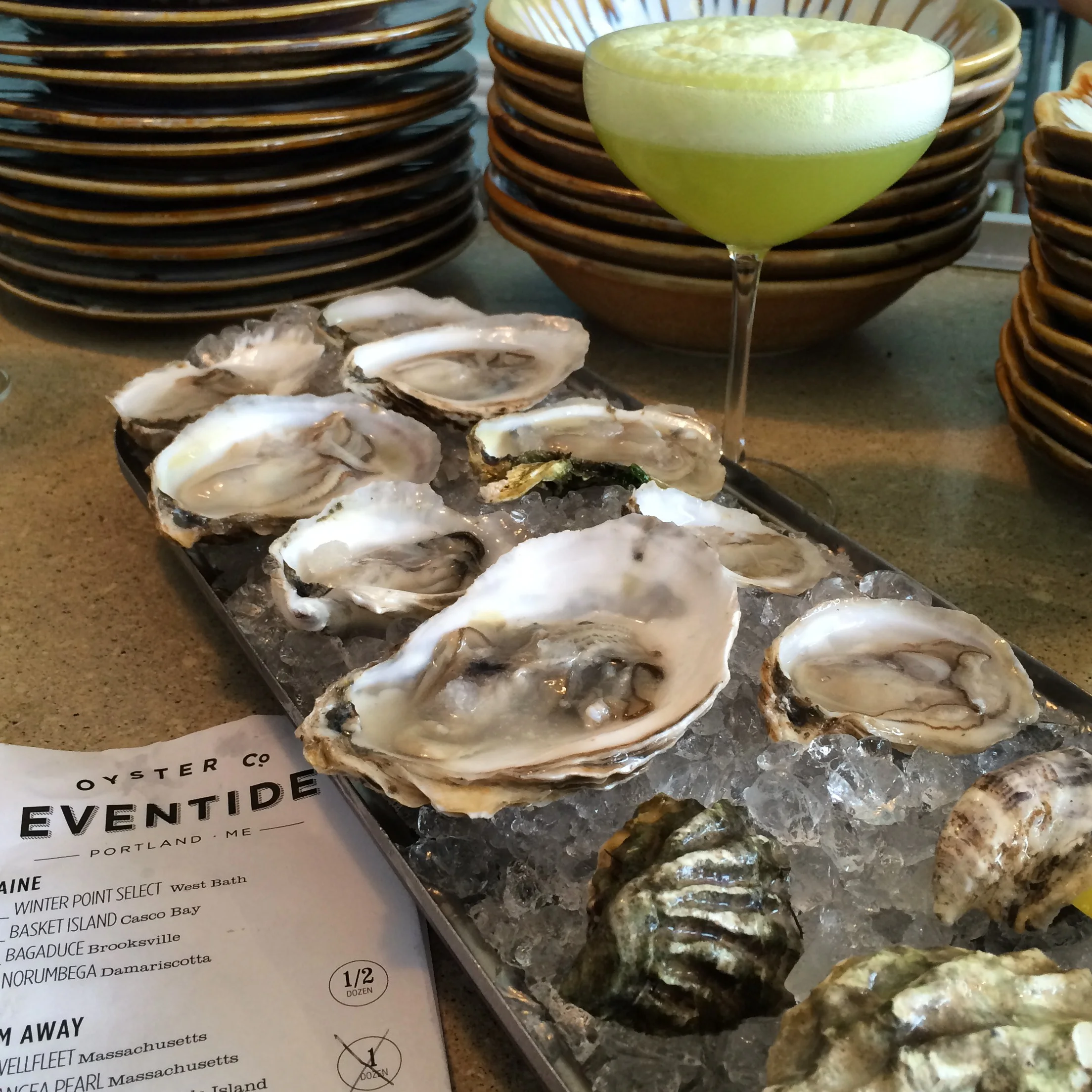 Oysters and a celery mimosa @ Eventide Oyster Co., 86 Middle St., Portland, ME