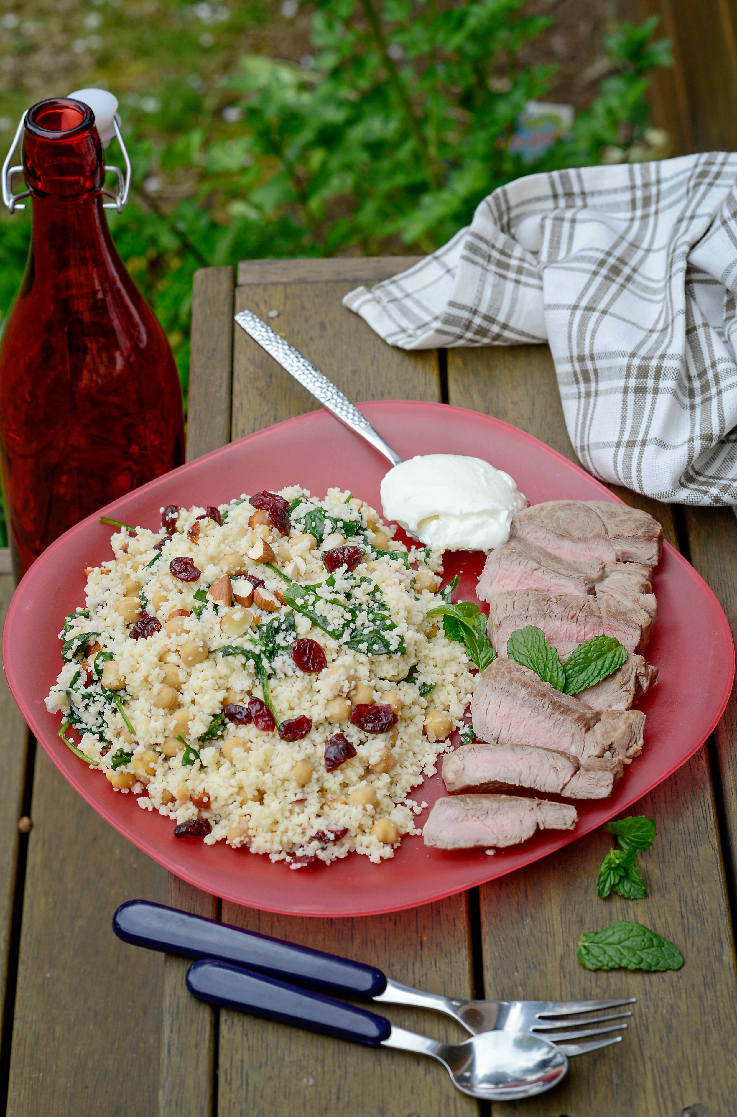 Image by Bec Doyle Photography , Lamb salad with chickpea, spinach and mint cous cous from Eat Right for Your Life