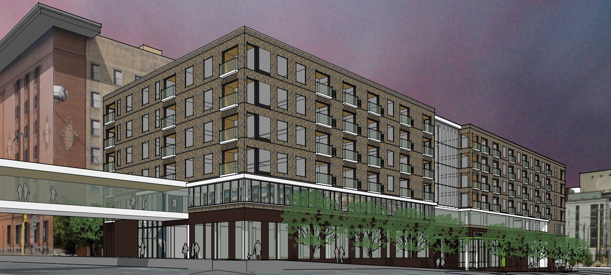 Above: Image of the planned new construction apartment building with ground floor retail as part of the $100 Million dollar Thresher Square project. (Image provided by ESG Architects)