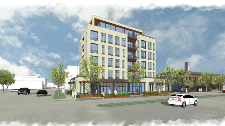Above: Rendering of the 6 story condominum building proposed by development Jim Graves. (Graves Hospitality and Collage Architecture)