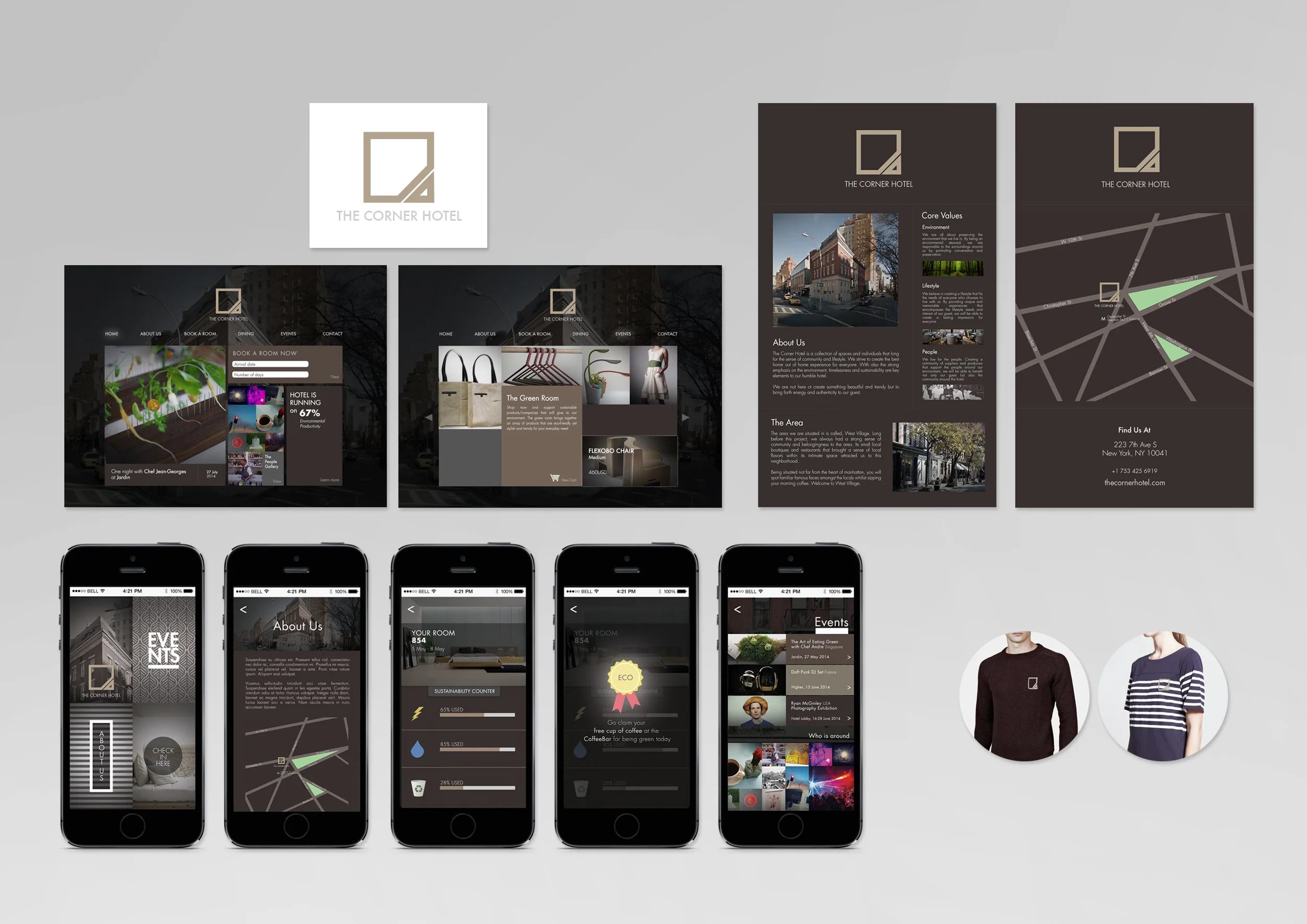 (Personal Work) CLIENT: The Corner Hotel PROJECT DESCRIPTION: For this project, I collaborated with an interior designer, working on spatial design and graphics to brand and create an aligned identity. The designs introduced provoke the notion of sustainability and social engagement, while also ensuring consistency and timelessness.