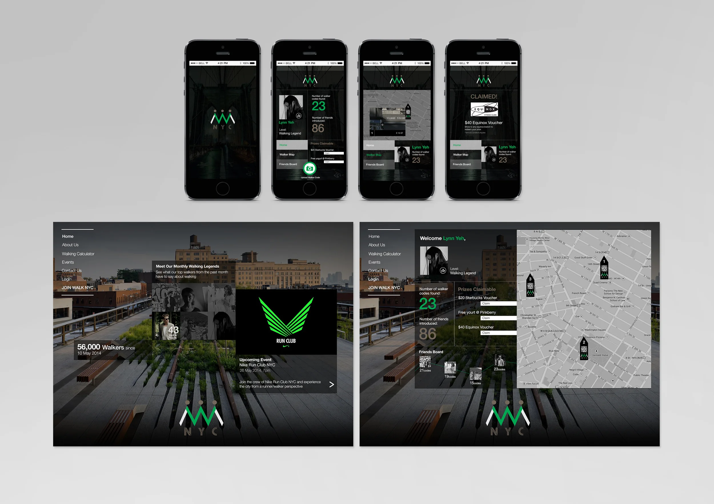 (Personal Work) CLIENT: WalkNYC PROJECT DESCRIPTION: For this project, I created an online campaign that strives to promote walking in New York City. Using the tools of gamification and real-time content, users were engaged to walk around the city to play the game to receive rewards. This incentivizes users to walk more, to be on the top of the ladder. The notion and meaning of walking was then seen questioned and provoked.