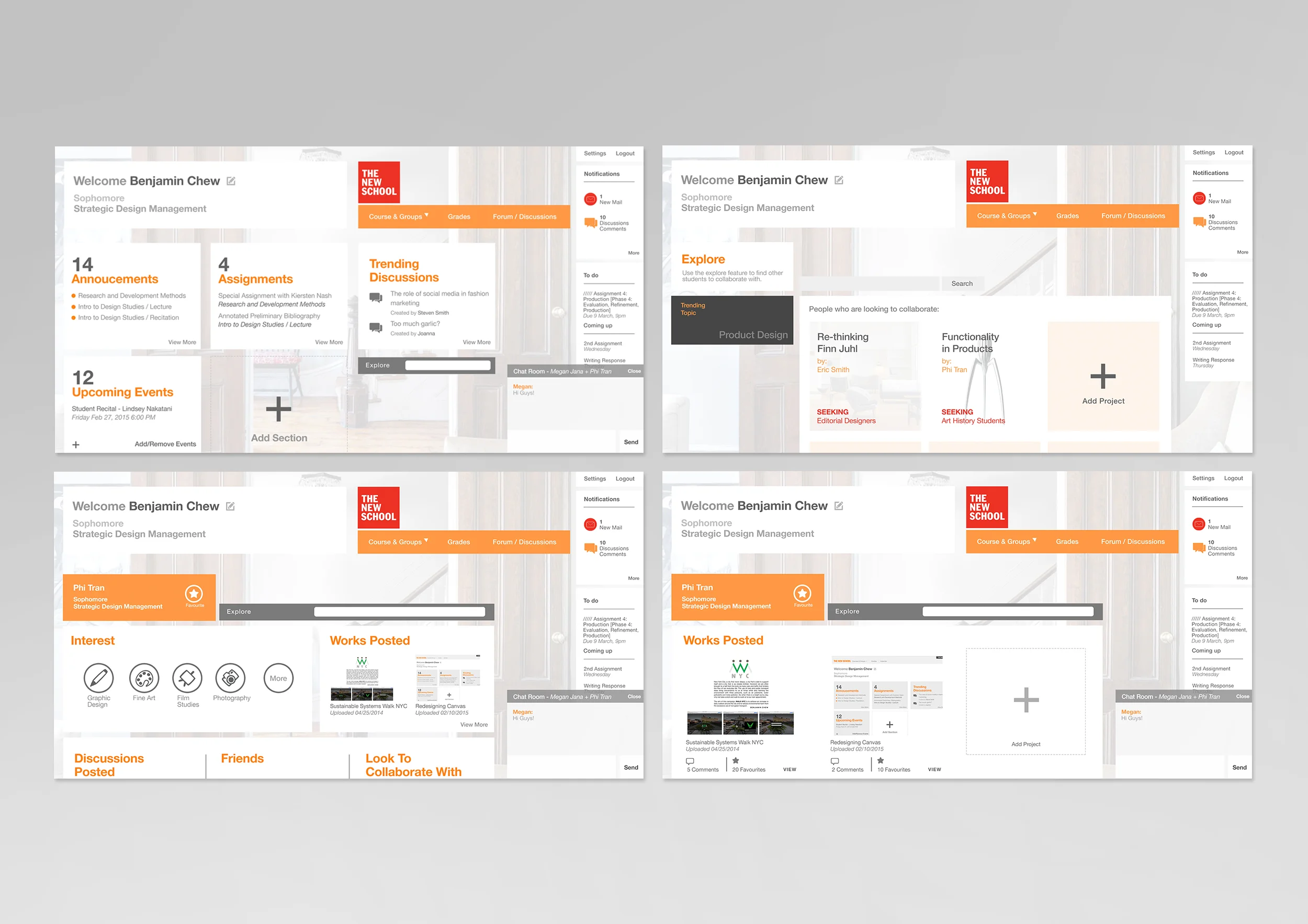 (Personal Work with Megan Jana and Phi Tran) CLIENT: Canvas PROJECT DESCRIPTION: For this project, I worked in a group to rethink and redesign the user-experience of Canvas. We introduced an element of personalization by incorporating customizable profiles and looks for users, while simplifying the flow and icons that are involved in the site. Prototyping through A/B testing, and user-centric approaches, we were able to gather feedback to execute a better version of Canvas for students. 