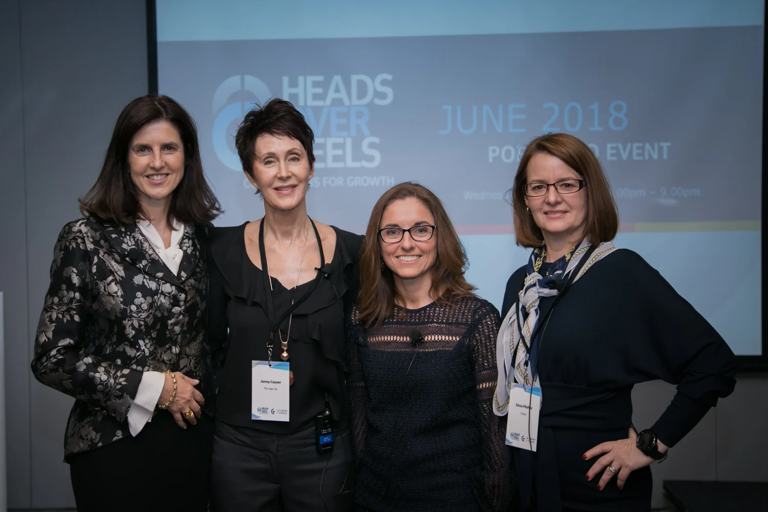 Carolyn presenting at Heads over Heels in June 2018 with HoH CEO, Nicola Swift, along with fellow entrepreneurs Jenny Cayzer of FlyLegsUp and Sylvia Pfieffer of Coviu.