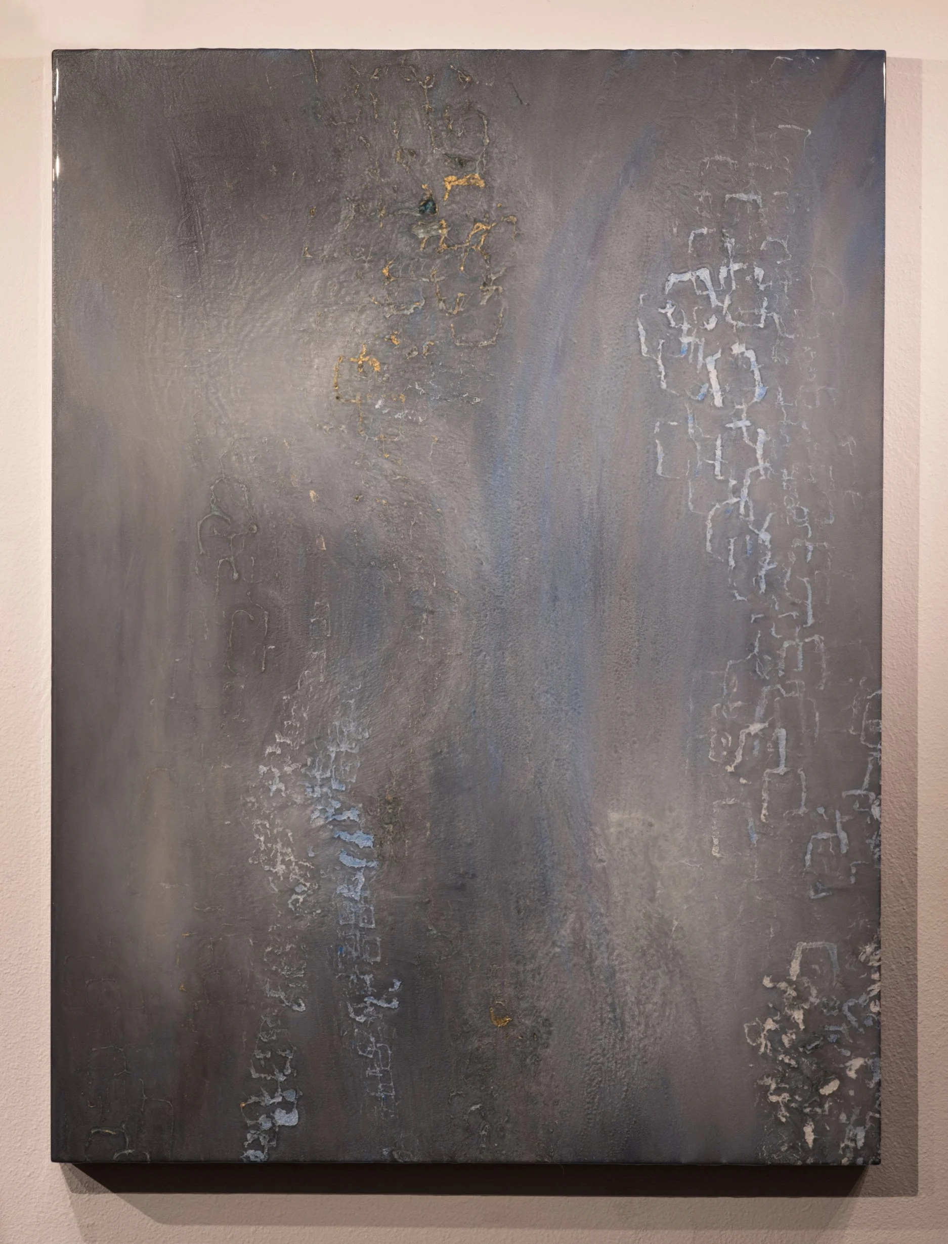 Abstract painting with gray and silver tones, featuring textured patterns and subtle gold accents.