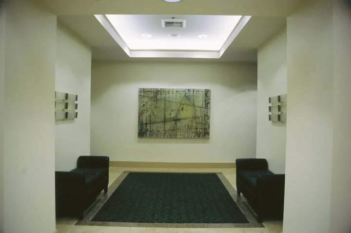 A small, modern lobby with two black armchairs, a dark rug, a large abstract painting on the back wall, and a ceiling with recessed lighting and a skylight.