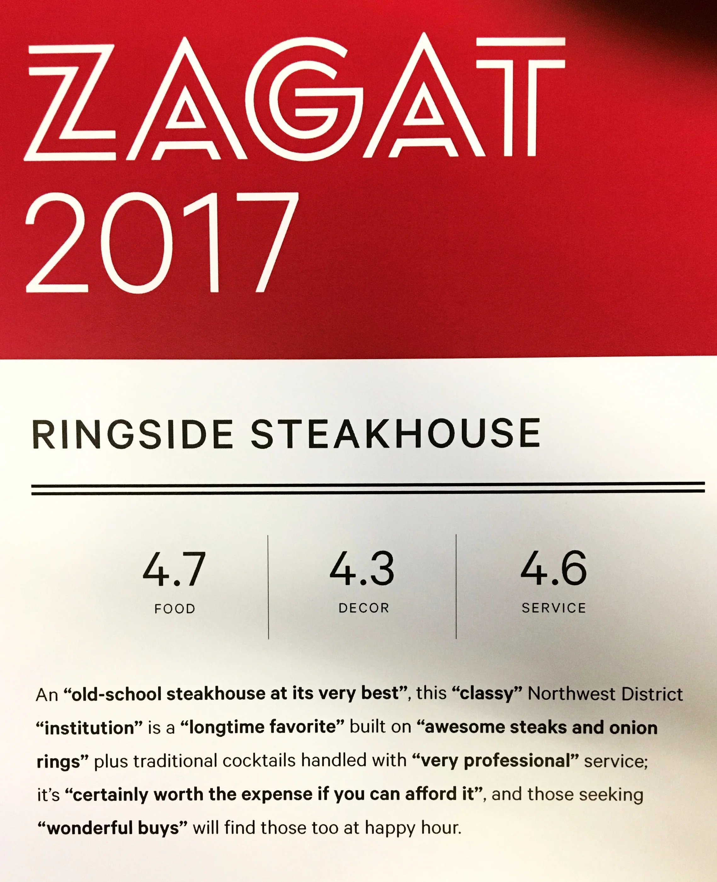 Food, decor, and service ratings Zagat ratings range from 1 to 5, where 5 is the most favorable rating. 4.6 - 5.0 Extraordinary to perfection 4.1 - 4.5 Very good to excellent 3.1 - 4.0 Good to very good