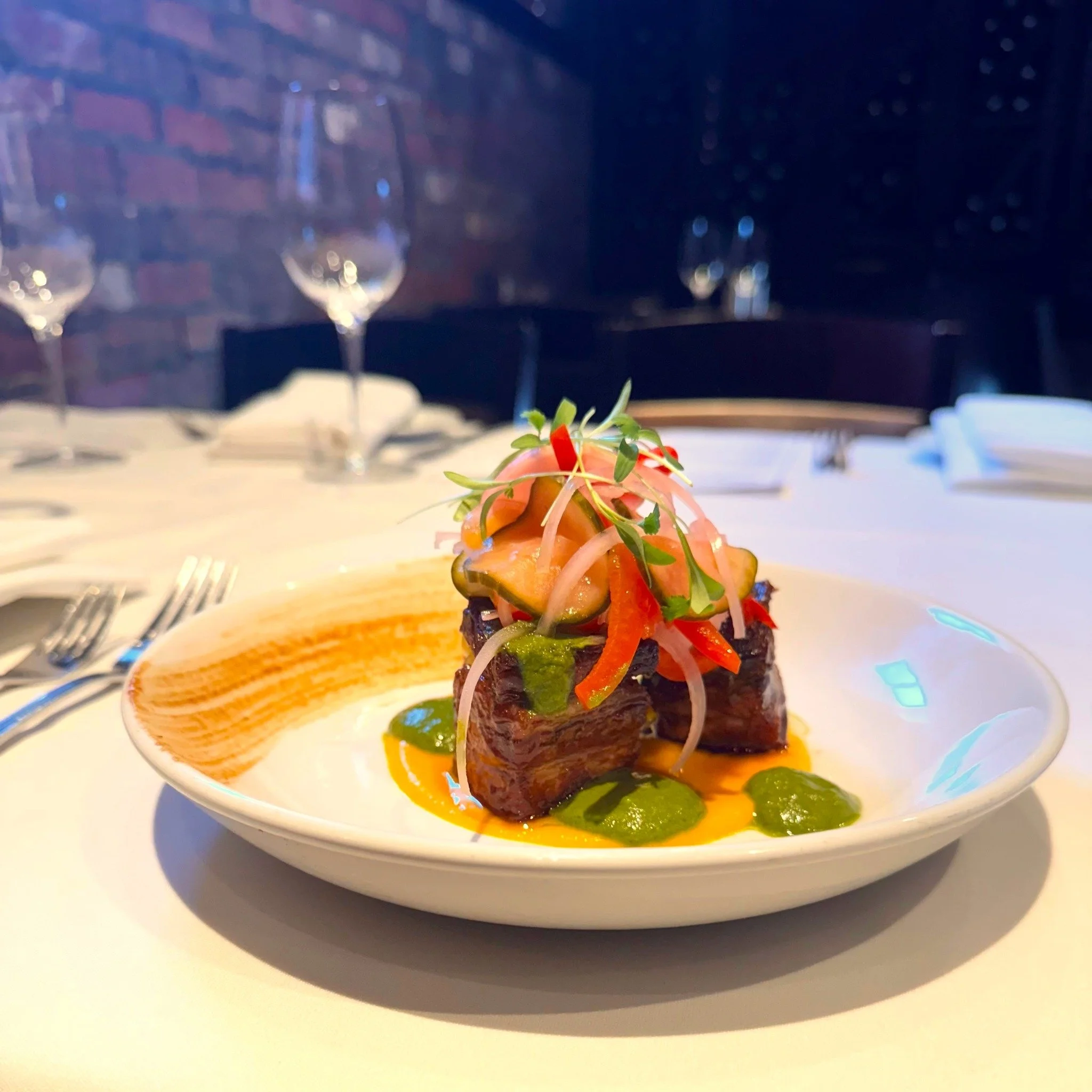 Tamarind Glazed Pork Belly: Spiced Carrot Puree, Escabeche, Cilantro Vinaigrette