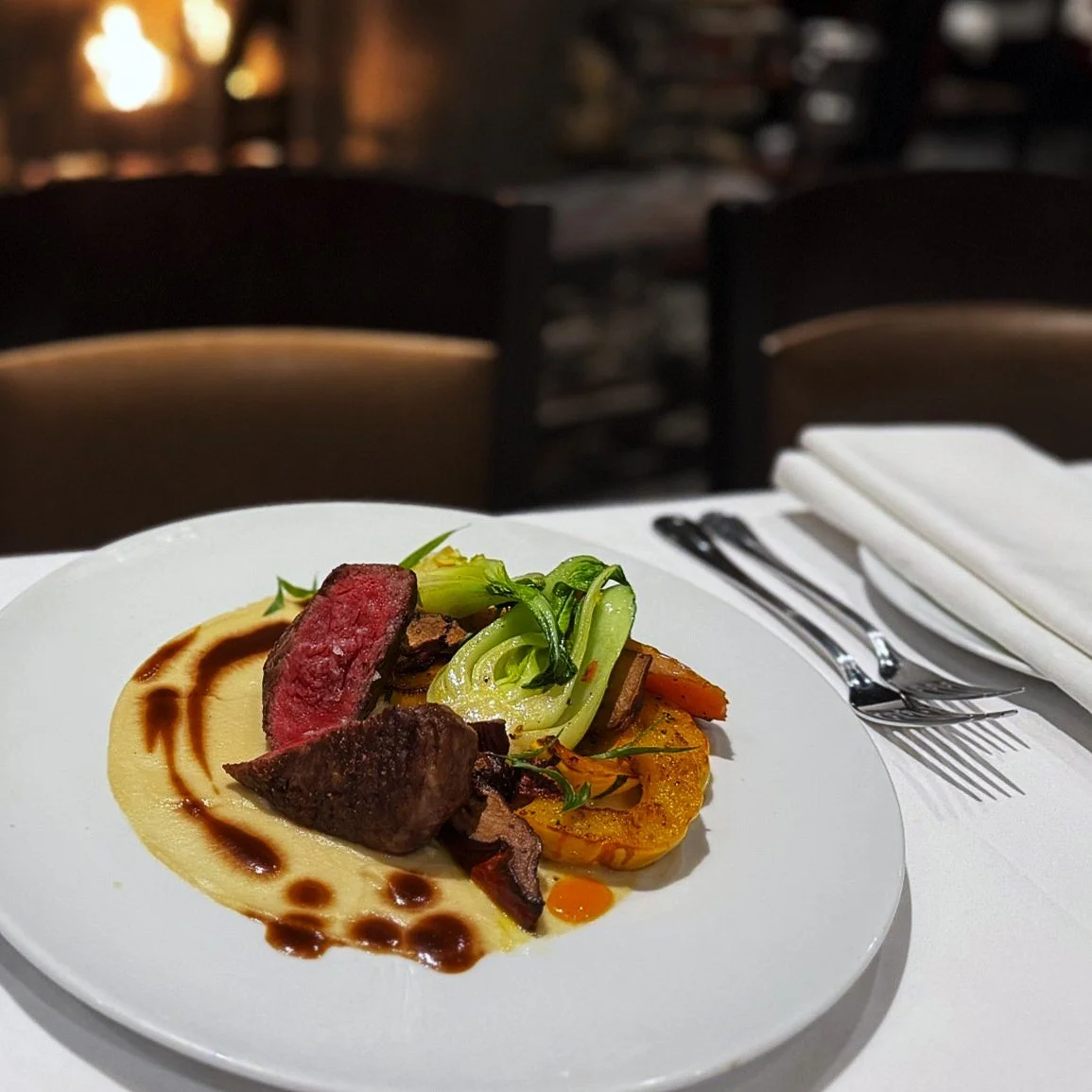 Come celebrate the holidays by the fireplace with us and our A5 Wagyu entr&eacute;e.  Widely regarded as some of the best beef in the world, we accompany this exceptional cut with rich flavors of fall including Apple-Miso Pur&eacute;e, Fall Squash, S
