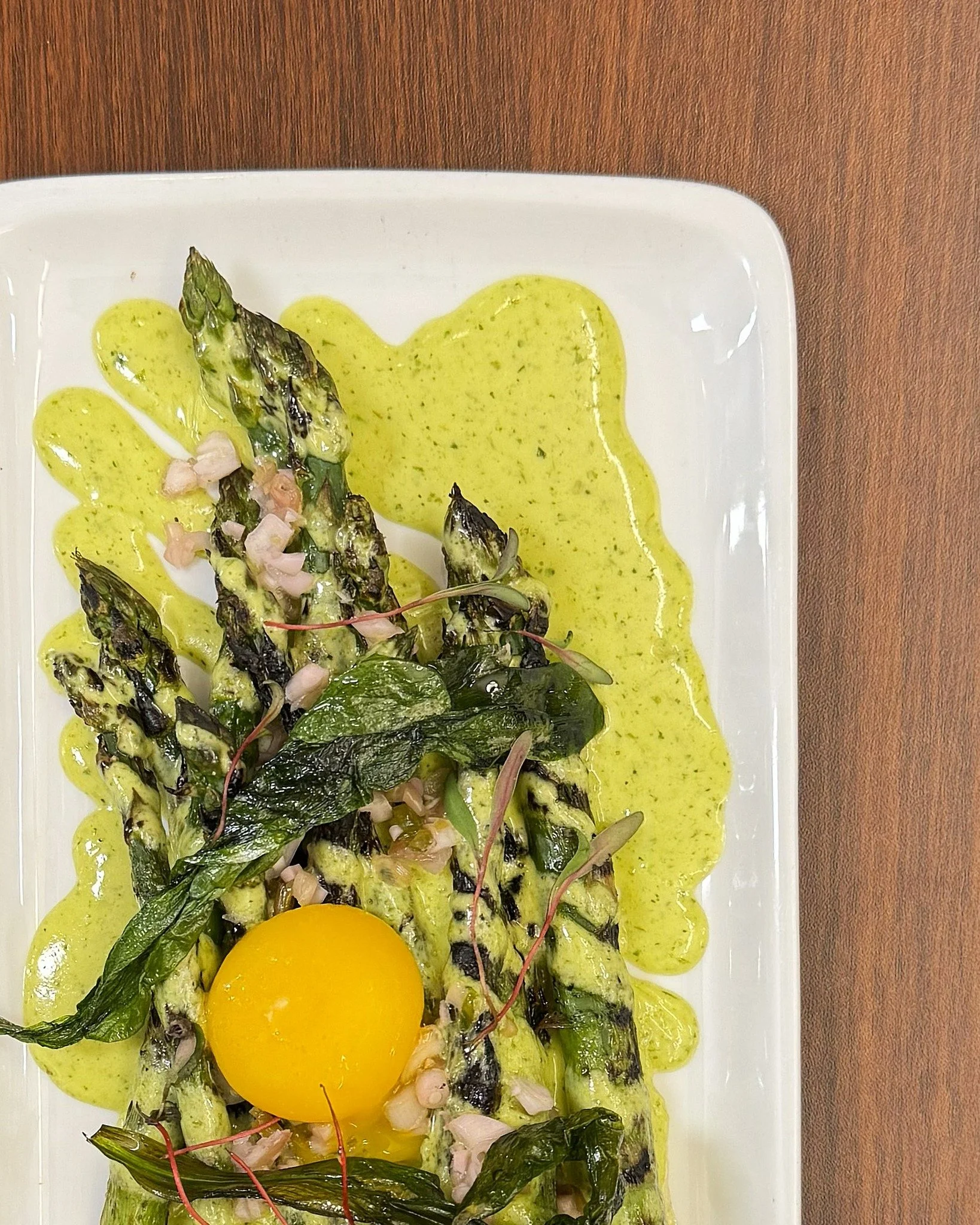 Charred Washington Asparagus: Pickled Ramp, Confit Egg Yolk, Lemon, Ramp Aioli