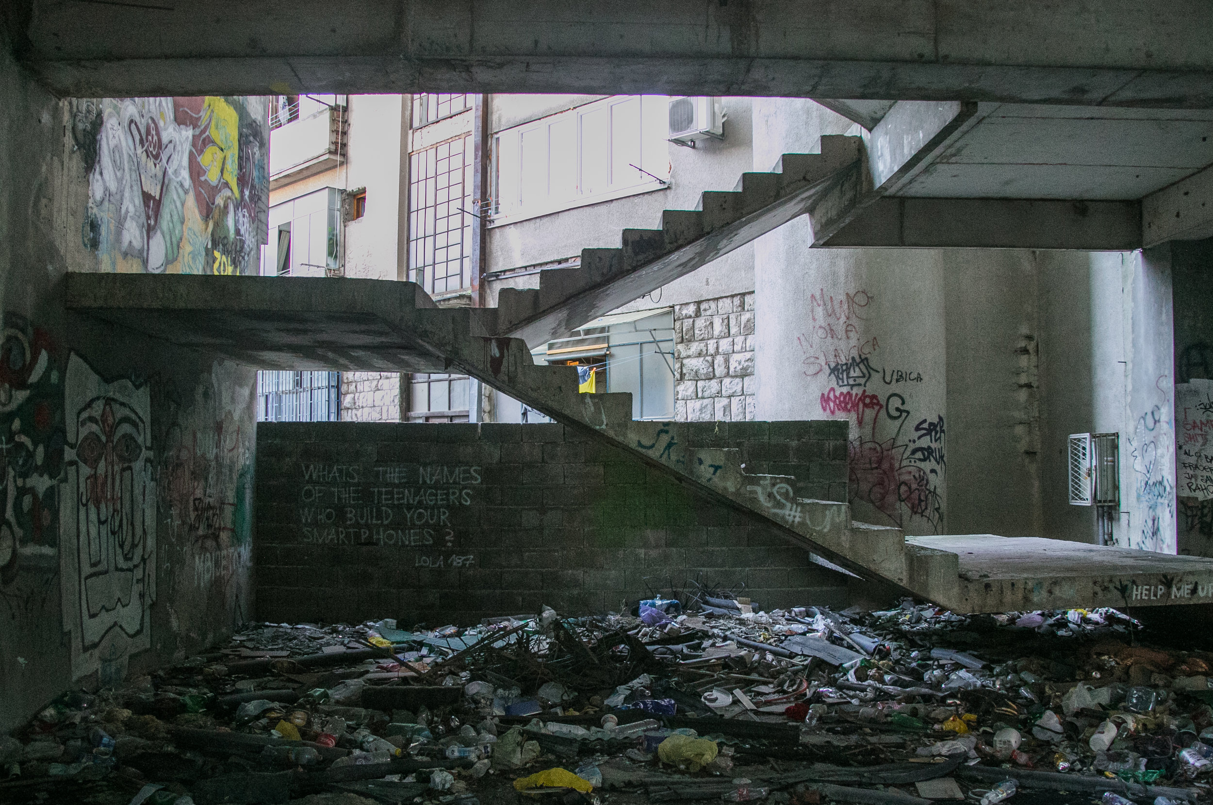  The now railing-less stairs to an abandoned sniper tower left over from the Bosnian War in Mostar, Bosnia.&nbsp; 