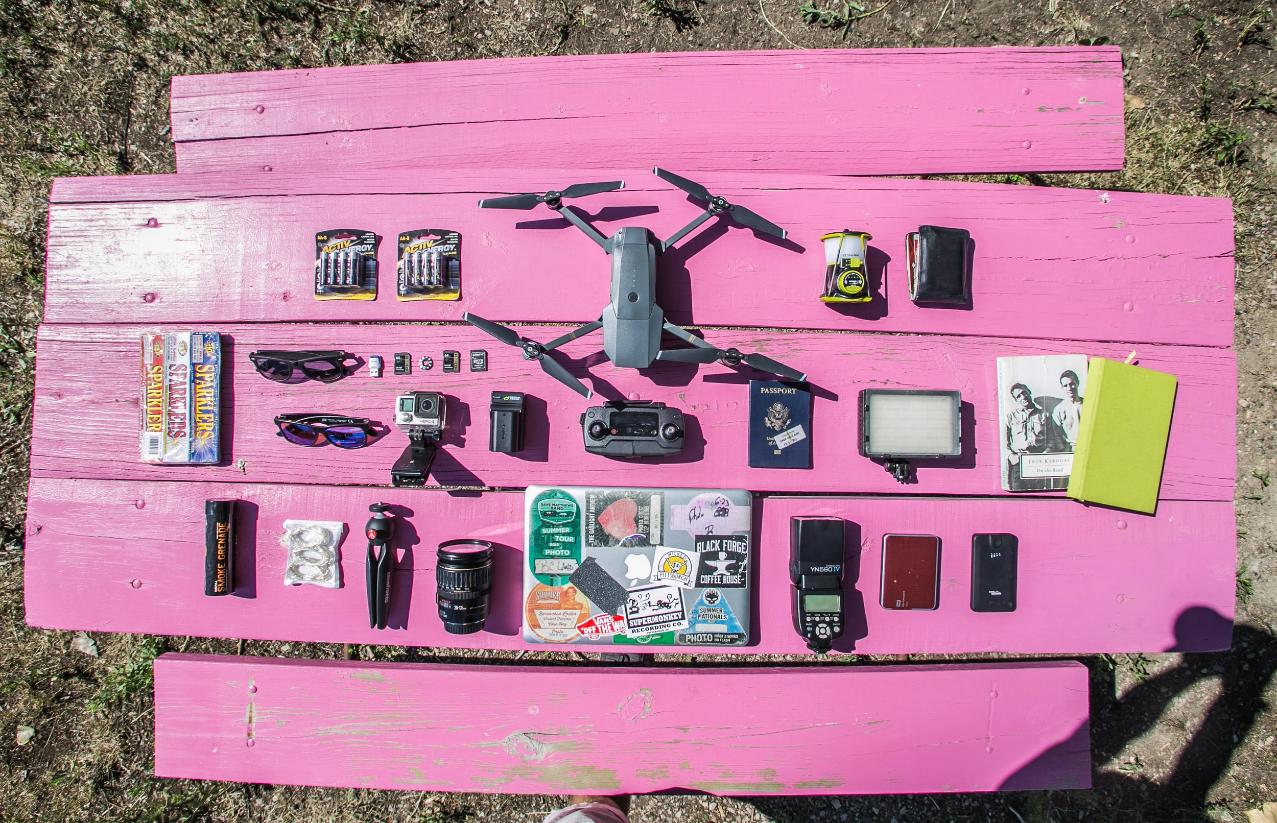 Michael's trip equipment laid out on a shitty picnic table in South Dakota. 