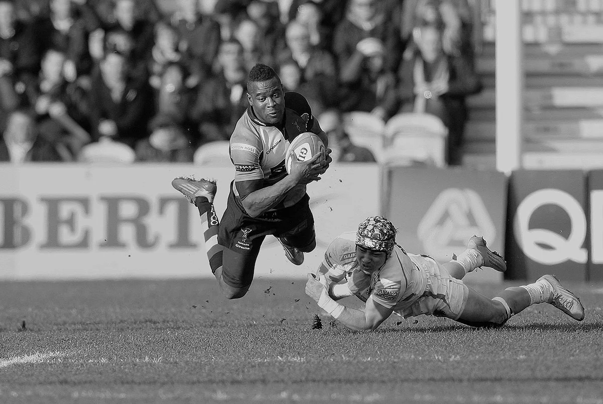 England international Jack Nowell tap tackles Harlequins Ugo Moyne. 