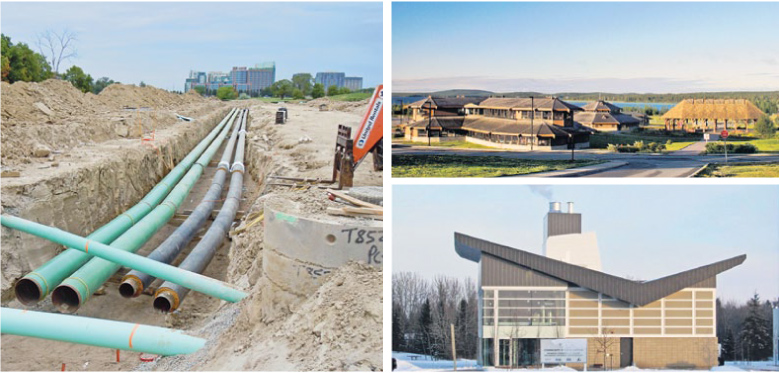 District energy systems have been implemented, for example, in Oujé-Bougoumou, Quebec (top right), and Strathcona County, Alberta (bottom right). Their infrastructure is expensive to build, but if prices of high-grade energy sources – such as electricity, natural gas or oil – were to spike unexpectedly, these systems would allow central energy plants to switch fuel sources to renewables with much less overhead and still deliver reliable services, according to Ms. Richardson and her team members Terri Chu and Marlene Rogowska. FVB ENERGY