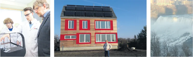Ontario’s engineers are exploring ways to shift to energy sources that don’t rely on carbon-based fuels. Left: Dr. Brant Peppley, of Queen’s University, has led the five-year Energy Storage and Recovery Ontario initiative, which has made significant advances in fuel cell technology. Centre: At a custom-built house in Ottawa, Dr. Ian Beausoleil-Morrison of Carleton University and his team are testing innovations in solar energy and other zero-carbon technologies. Right: Improving our existing low-carbon energy sources, like hydro power, is a focus of the work of Dr. Bryan Karney of the University of Toronto. supplied