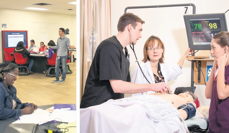 Students at Humber College and BCIT are immersed in collaborative and hands-on learning environments. HIVES, Humber’s interactive learning spaces create environments that mirror paramedics, nurses, pharmacy techs and others working together (left). BCIT students (right) practise with life-size robots, which simulate symptoms such as plummeting blood pressure, cardiac arrest or uncontrolled bleeding. supplied