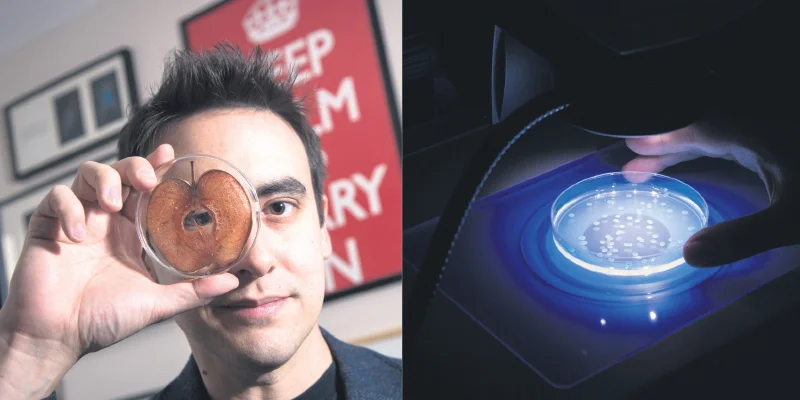 Dr. Andrew Pelling (left), who pioneered the process for turning an apple into a human ear, advocates the importance of taking creative and wild ideas towards intangible outcomes; the research at Calgary’s Advancing Canadian Wastewater Assets facility (right) has a direct impact on the city’s water quality. left, Peter Thornton; right, supplied