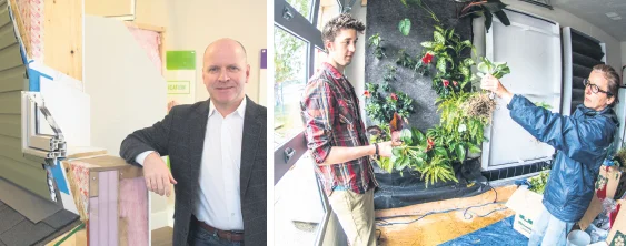 Industry applied-research partners at SAIT include Warren Saunders, vice-president of sales and marketing with Mattamy Homes, who stands with a model of the energy-efficient building envelope designed by SAIT’s green-building researchers, and Nathalie Callede, principal of Vertical Oxygen, who works with student researcher Brett Sanderson to plant one of three experimental living walls. Greg Fulmes (left) Brian Bookstrucker (right) 