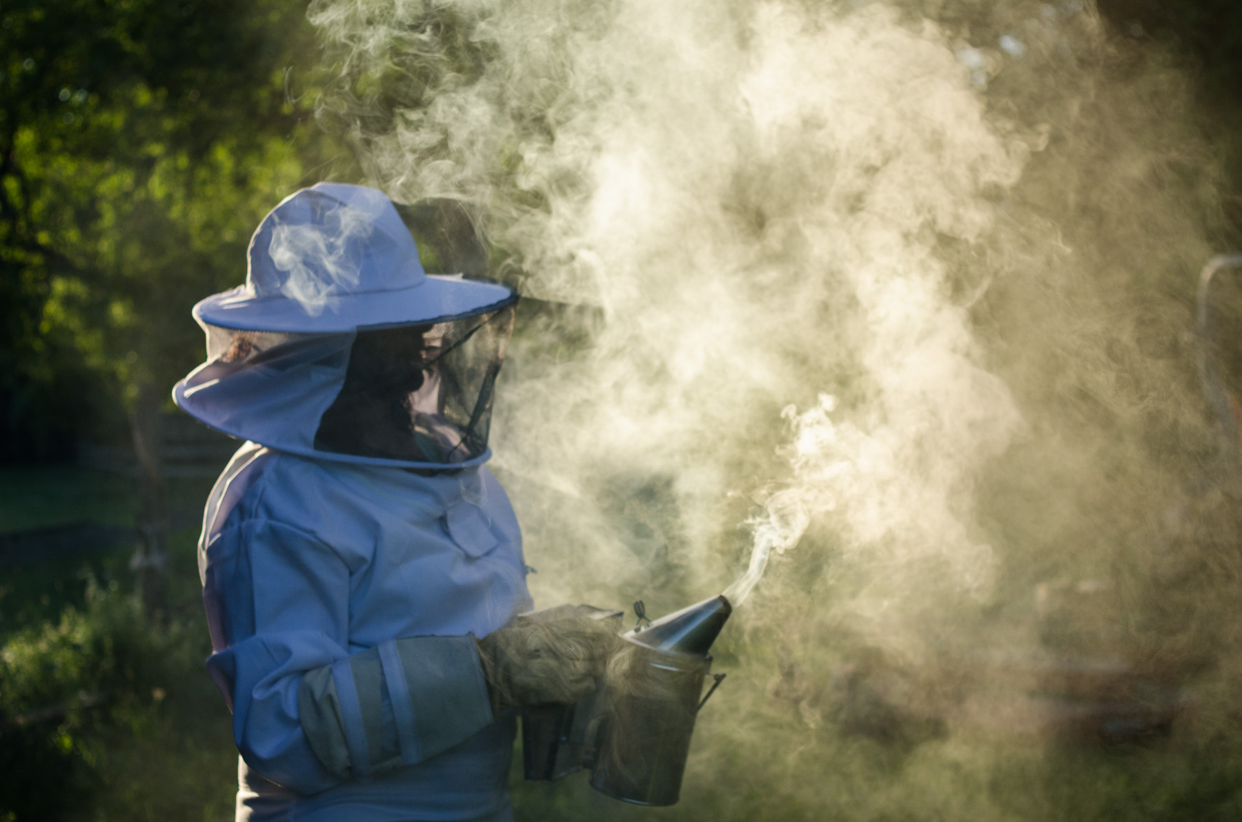 Ramona Plance, a hobbyist beekeeper, starts up her smoker used to keep the guard bees calm when entering the hive in Franklin, NY June 26th, 2014. 
