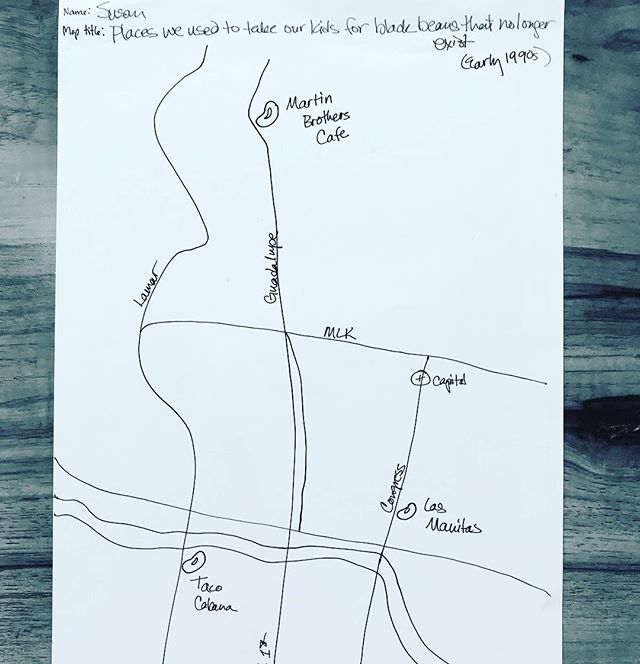 &ldquo;Places where we used to take our kids for black beans that no longer exist.&rdquo; .....I &hearts;️ this map and its title...collected during EAST 2017.  #austinsatlas #handdrawnmaps #memorymaps