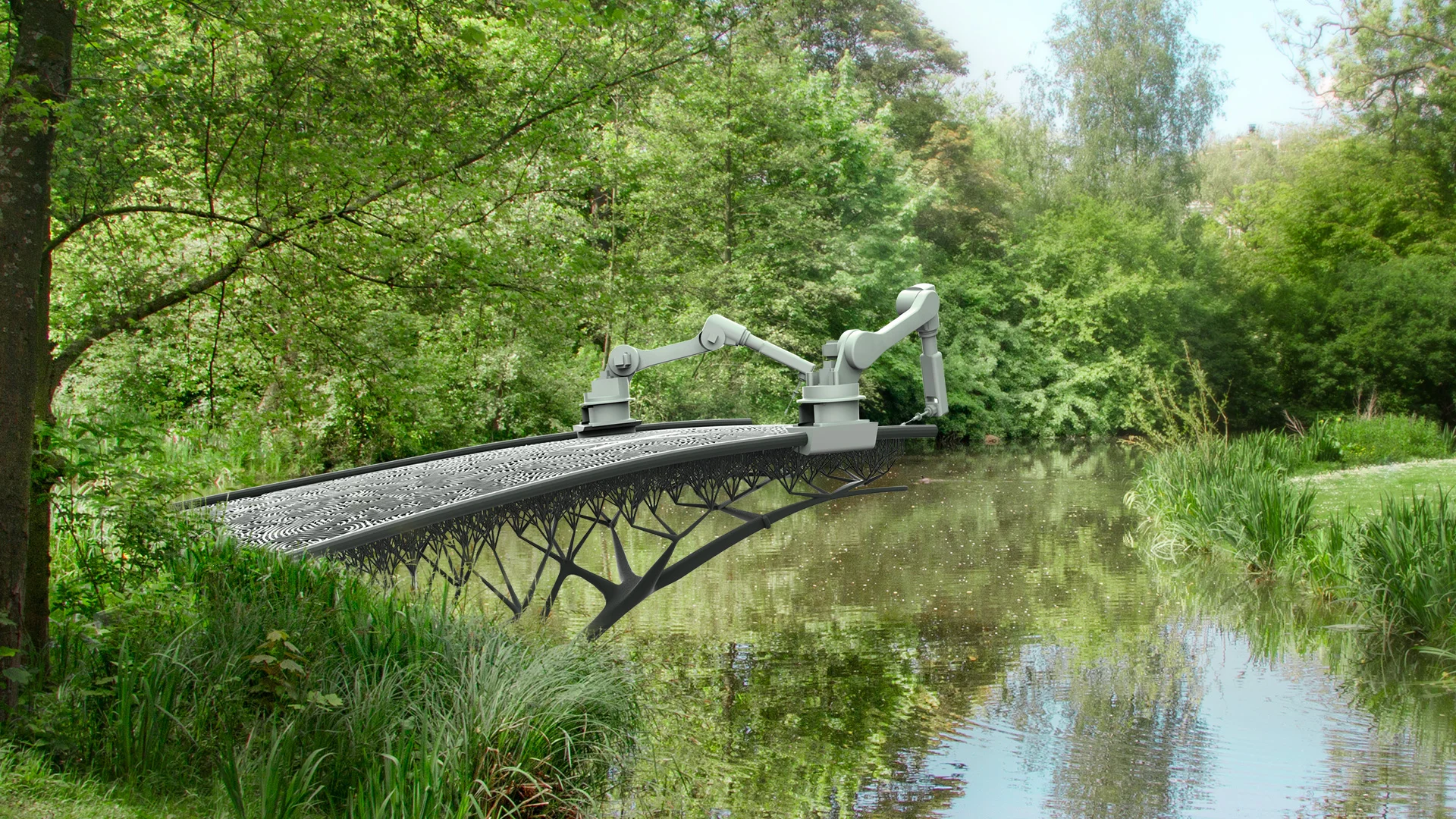 Robots building 3D-printed steel bridge in Amsterdam