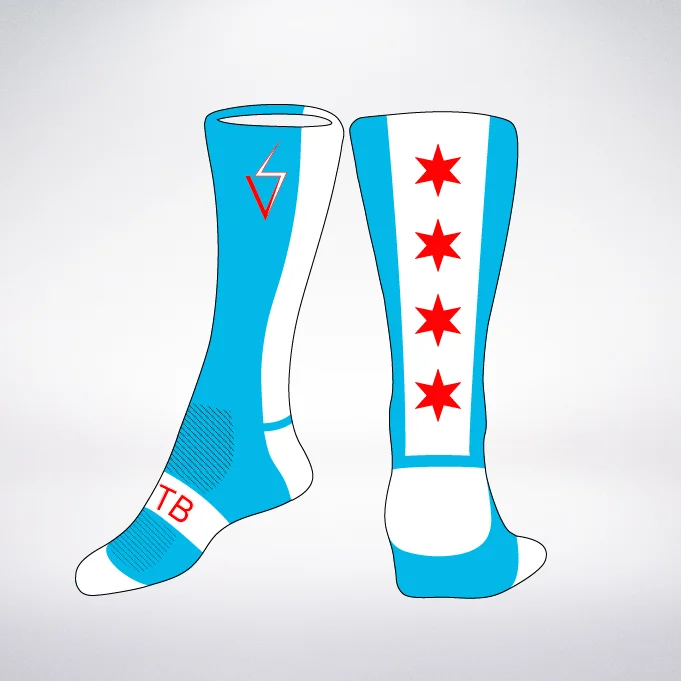 Sock Designs These Chicago flag-themed socks feature the iconic six-pointed Chicago flag stars knitted in red against a white stripe that is accented by a surrounding blue stripe. I create the designs on Illustrator first, then send over to a printer.