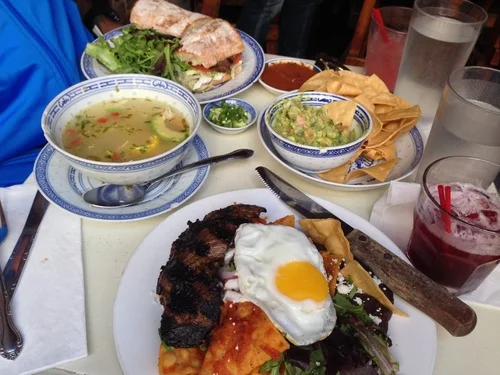 Chicken Soup Steak & Egg Chilaquilles. Steak sandwich.