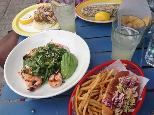 Crispy Fish Taco, Octopus Hot Dog, Shrimp & Avocado Salad, Corn