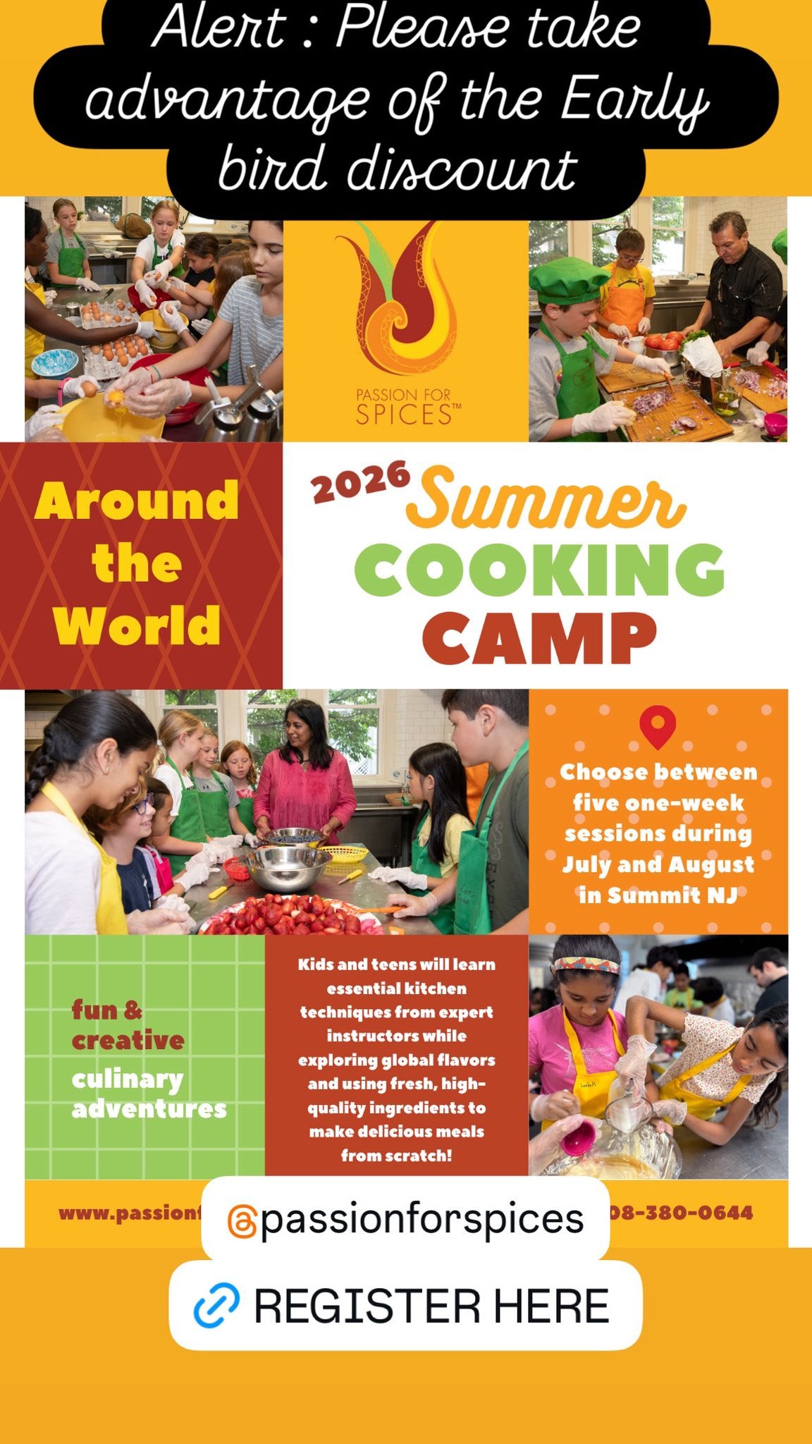 Passion for Spices Cooking School
Calling all Kid/teens to come join our annual summer camp.
Please register before March 31 to take advantage of the early bird discount.

https://www.passionforspices.com/summercamp