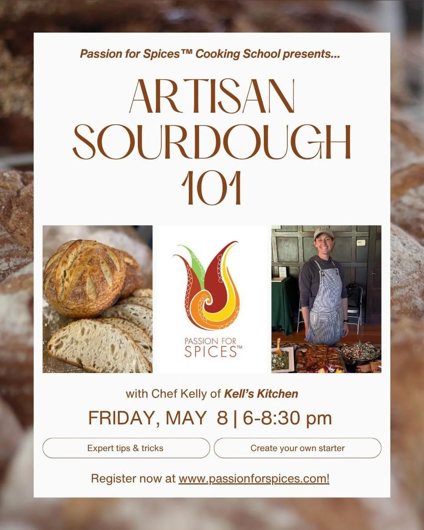 Here is perfect class to learn the art of Sourdough bread. 
Menu : 
Mediterranean Style Yogurt Chickpea Salad with Herbs
Chicken Shawarma
Ezme (Spicy Turkish Salad/Spread)
Dessert: Blueberry Lemon Sourdough