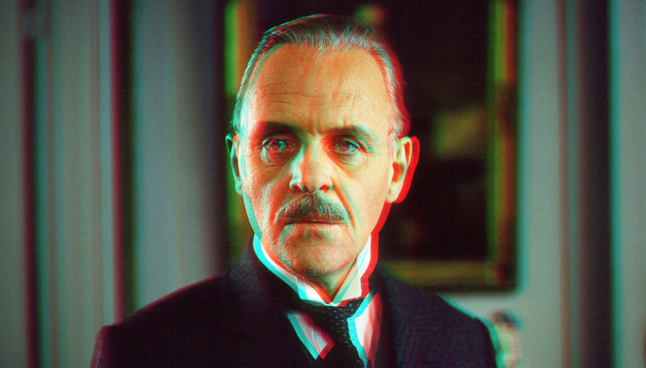 WARNING: This is an actual 3D image of Anthony Hopkins. When viewed through anaglyph red/blue glasses it can cause hallucinations that a Welsh butler is serving you tea.